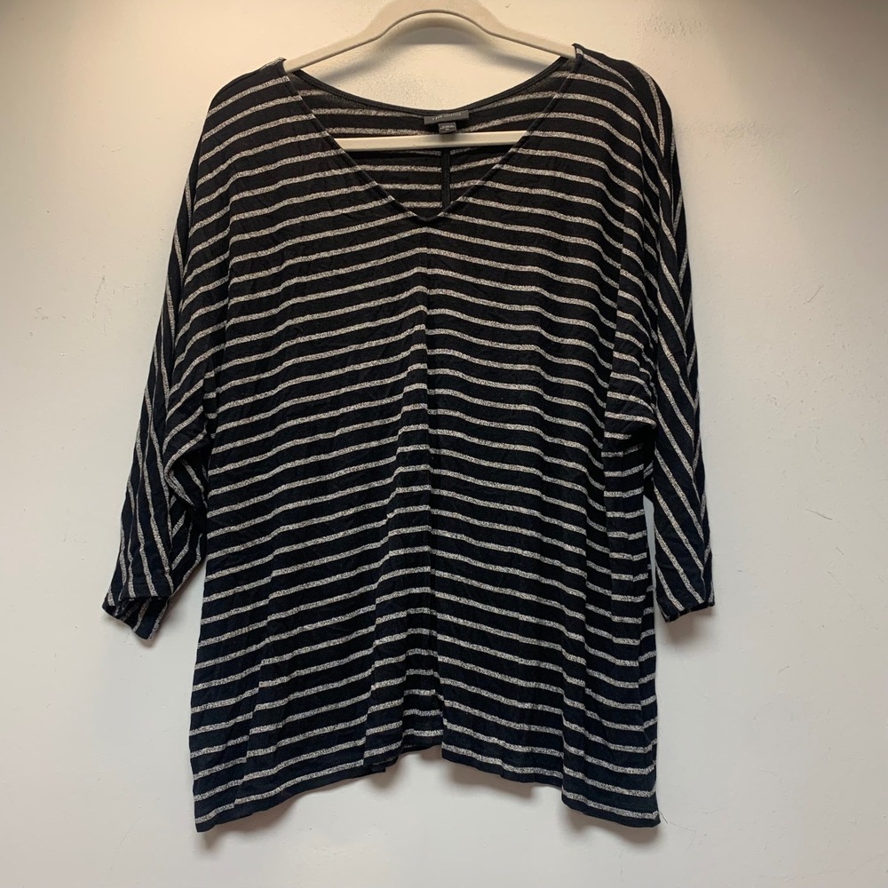 J. Jill Wearever Top Women XL Black Silver Striped Excellent V-Neck 3/4 Sleeve